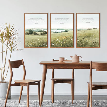 KAIRNE Scripture Christian Canvas Wall Art,Bible Verse Prints Set of 3(16”X24”),Modern Scripture Floral Wall Decor,Framed Green Countryside Field Paintings for Living Room Bedroom Ding Room Decor