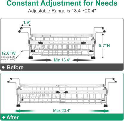 GSlife in Sink Dish Drying Rack - Capacity Expandable Stainless Steel Over Sink Dish Drainer Drying Rack (13.4''-20.4'') with Silicone Mat for Kitchen Counter Large Capacity, Black