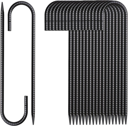 Rebar Stakes 16 Inch 20 Pack J Hook Ground Stakes Heavy Duty Tent Stakes Chain Link Fence Stakes with Chisel Point End Galvanized Steel Ground Anchors Metal Spikes Black Coated