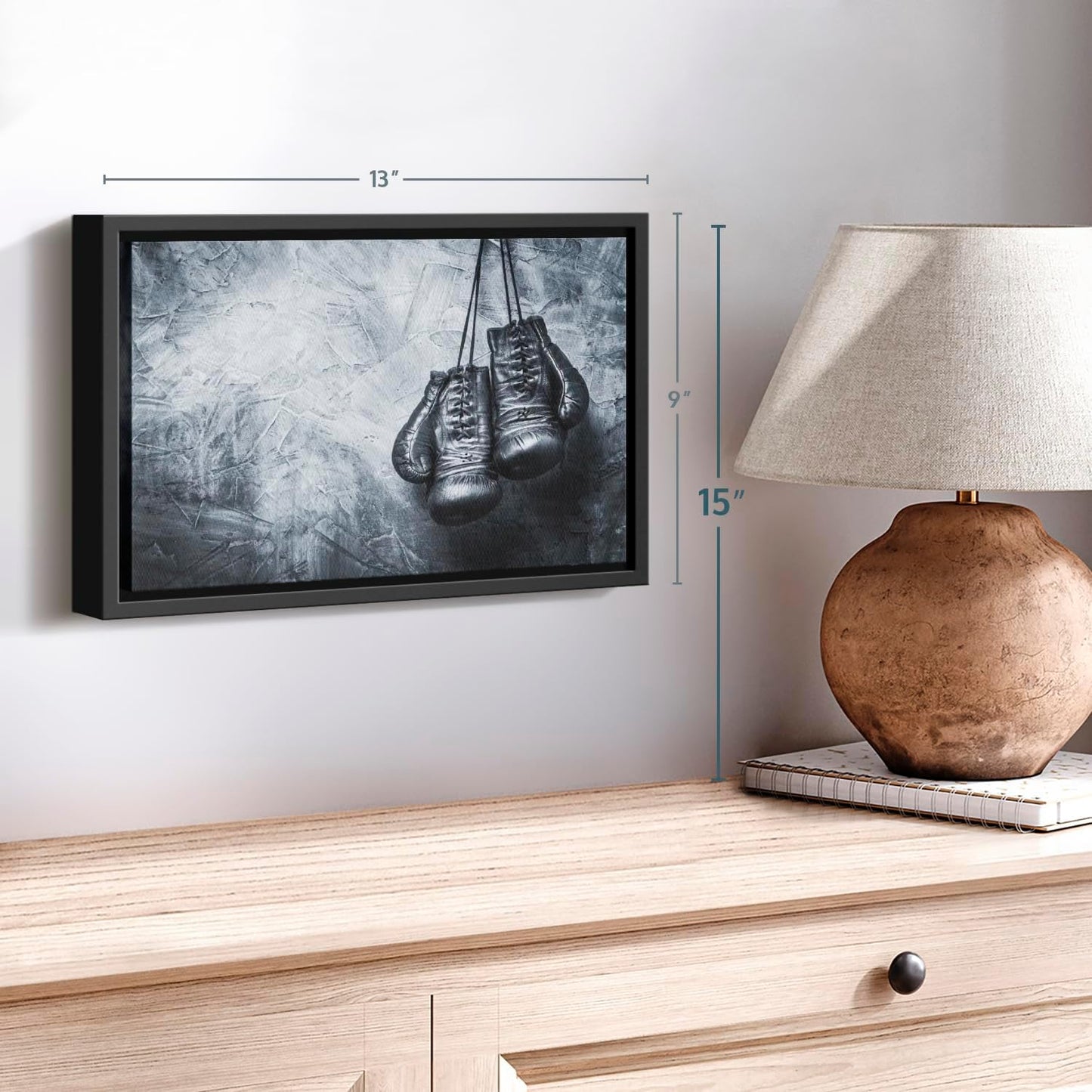 ElephantStock Boxing Gloves Wall Art - Horizontal Framed Canvas - 1-Piece Living Room Wall Decor - Photography Sports Canvas Print - Black and Gray Decor for Wall - 13" X 9"