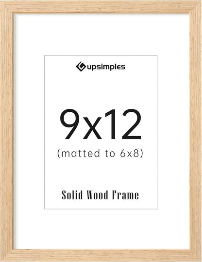 upsimples 9x12 Frame, Natural Solid Wooden Picture Frames, Display 6x8 with Mat or 9 x 12 Without Mat, Wall or Tabletop, 1 Pack, Natural