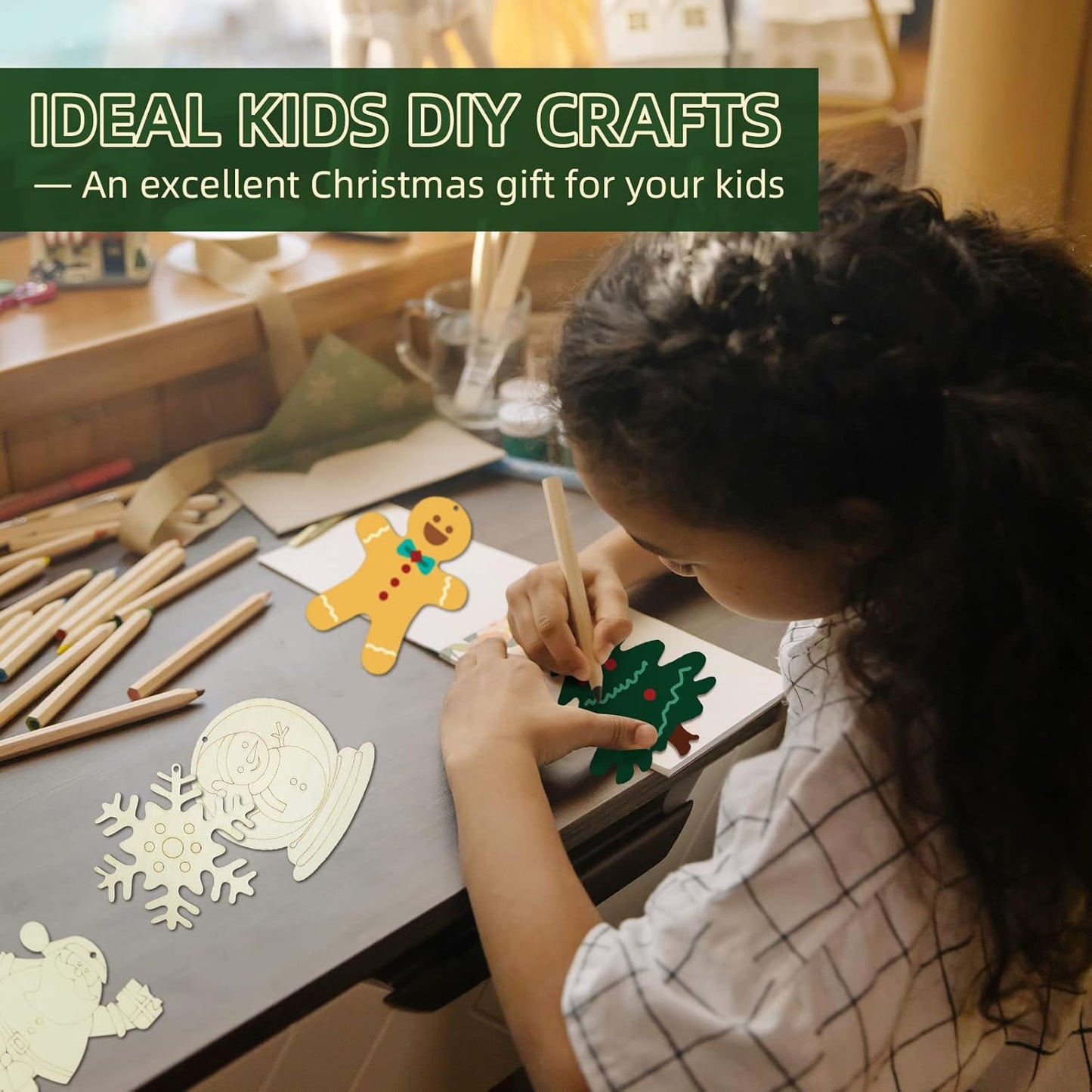 Wooden Christmas Ornaments, 176 PCS Unfinished Predrilled Wood Ornaments Set with 72 Blank Wood Slices in 9 Styles, 90 Bells and 12 Color Pens for Kids DIY Crafts and Christmas Hanging Decoration, B