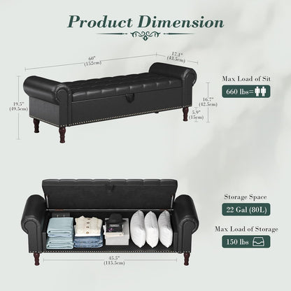 Apicizon 60”Storage Benches, Queen Size Faux Leather Bed Bench with Tufted Button, Upholstered Bench with Rolled Arm and Vintage Rivets for Foot of Bed, Living Room, Entrance，Black