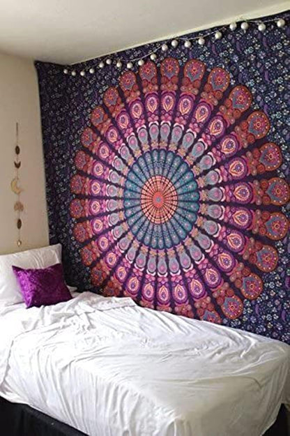 Bless International Handmade Indian hippie Bohemian Psychedelic Peacock Mandala Wall hanging College Dorm Beach Throws Table Cloth Bedding Tapestry (Purple Pink, King(88x104Inches)(225x265Cms))