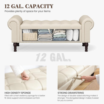 51" Storage Ottoman Bench for Bedroom, Full Queen Storage Bench with Button, Upholstered Bedroom Bench with Rolled Arms for Living Room, Storage Room, Entryway, Beige+Brown Legs