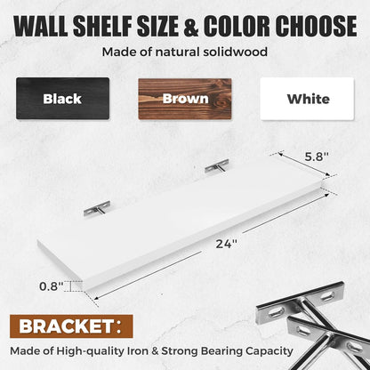 Floating Wall Shelves 2-Pack - 24-Inch Rustic White Wooden Shelves for Storage and Décor, Easy Installation for Living Room, Bedroom, and Kitchen