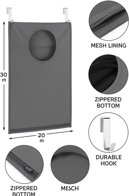 Hanging Laundry Hamper Bag – Space-Saving Dirty Clothes Storage with Free Adjustable Stainless Steel Over-the-Door Hooks & 2 Suction Cup Hooks – Ideal for bathrooms, bedrooms & dorms
