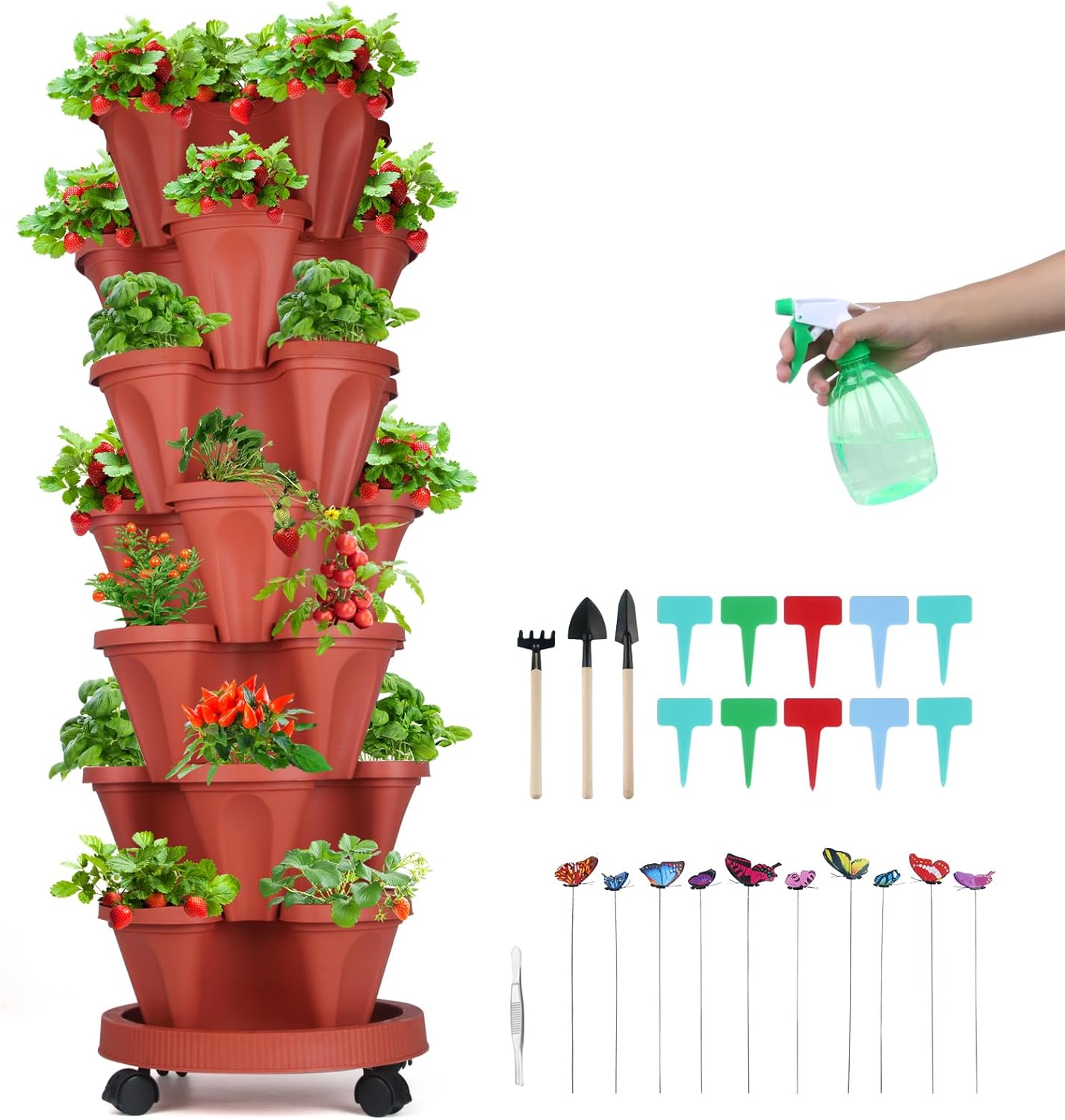 Vertical Planter, 7 Tier Stackable Strawberry Planter with Garden Tool Set, Movable Indoor/Outdoor Garden Herb Pot for Growing Vegetables and Succulents, Red