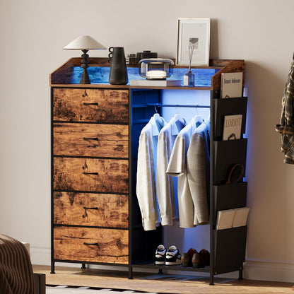 LUMTOK 2-in-1 Dresser with Hanging Racks,5 Fabric Drawers Dressers with LED Lights, Charging Station for Bedroom Living Room, Entryway, Closets (Rustic Brown)