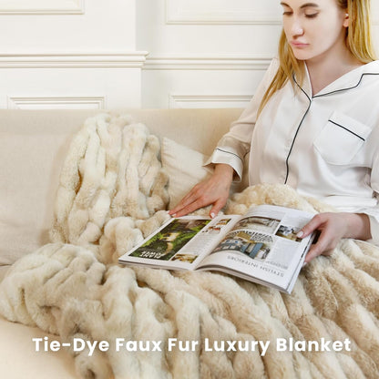Faux Fur Blanket, Throw Blanket for Couch, Fluffy Blanket with Stretch Ruched Design, Ultra Soft Giftable Home Decor, 50x60 inches, Tie-Dyed in Khaki