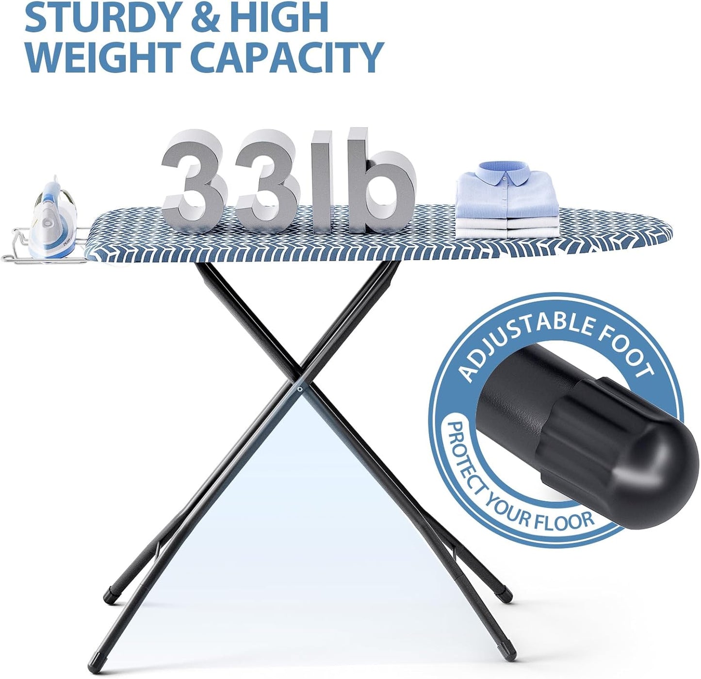 KINGBOARD Ironing Board, Foldable Iron Board with Iron Rest, Compact Ironing Board with Height Adjustable, Extra Thick Heat-Resistant Cover, Heavy-Duty Sturdy Metal Legs, 43x13 Blue