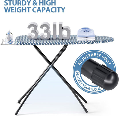 KINGBOARD Ironing Board, Foldable Iron Board with Iron Rest, Compact Ironing Board with Height Adjustable, Extra Thick Heat-Resistant Cover, Heavy-Duty Sturdy Metal Legs, 43x13 Blue