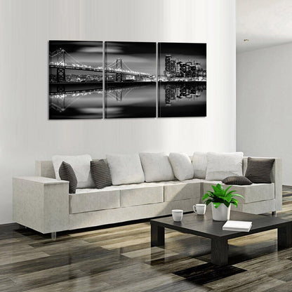 KREATIVE ARTS - San Francisco Bay at Night in Black and White Bridge 3 Panels Modern Landscape Artwork Canvas Prints Cityscape Pictures Paintings on Canvas Wall Art for Home Decor (16x24inchx3pcs)