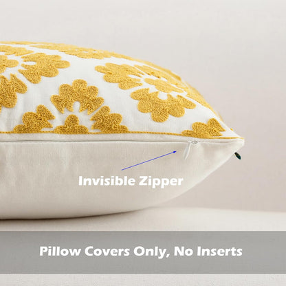 HWY 50 Mustard Yellow Decorative Throw Pillow Covers 18x18 Inch (1 Piece), Embroidered Cotton Farmhouse Cushion Cover Pillow Case for Sofa Couch Living Room Bed, Little Sunflower