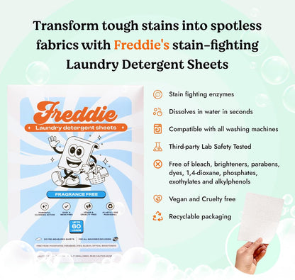Freddie Low-Waste Laundry Detergent Sheets – Jug Free Format – Pre-Measured Strips – 60 Loads – Unscented for Sensitive Skin
