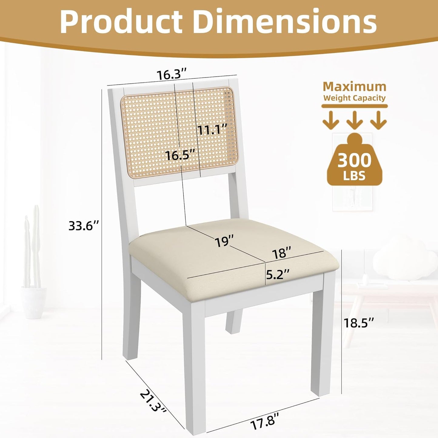 Westice Rattan Dining Chairs Set of 6, Farmhouse Natural Dining Room Chairs with Upholstered Cushion, Wood Armless Chairs for Kitchen/Restaurant, White