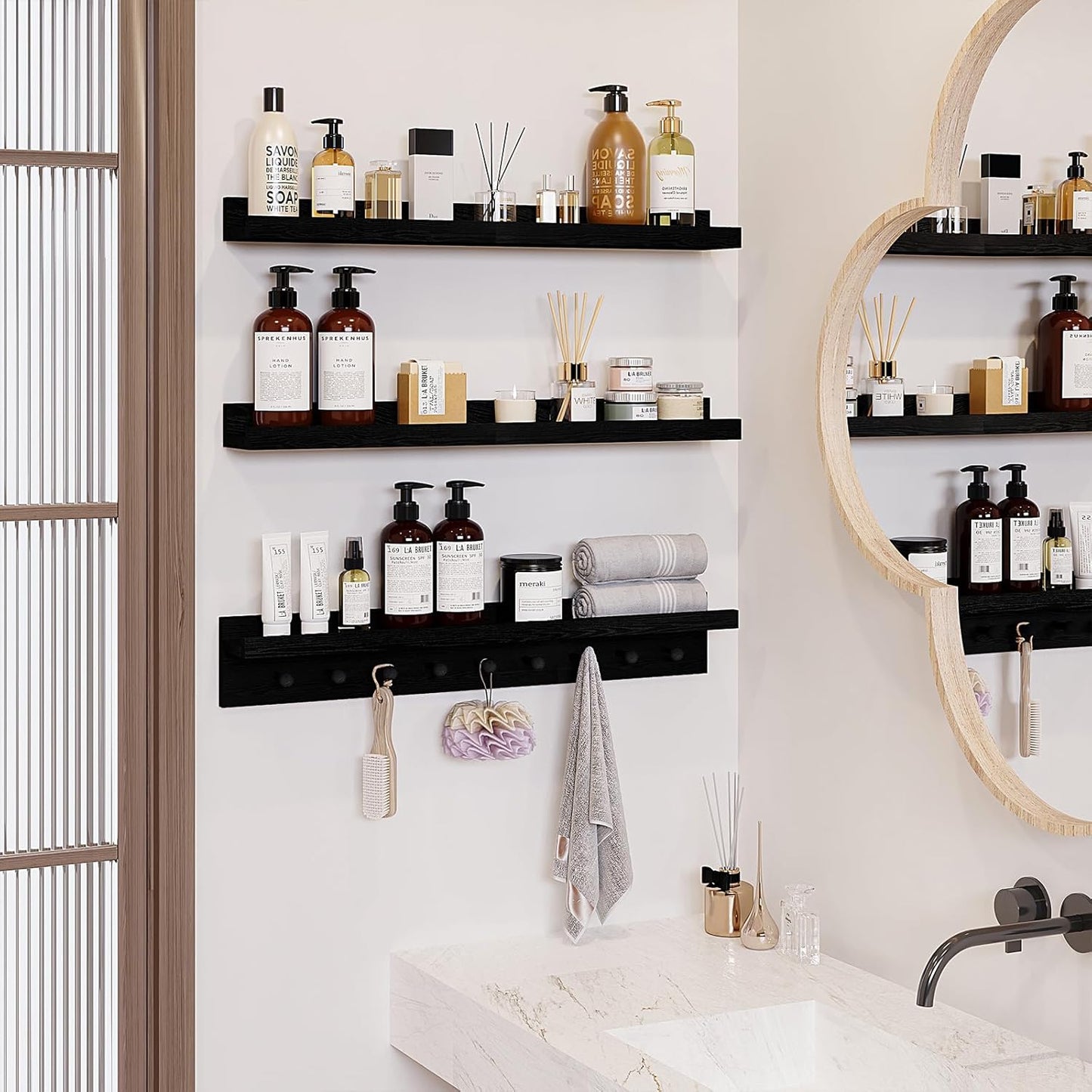 MBYD Black Picture Ledge Shelf with Hooks, 24 Inch Floating Book Shelves Kids Room, Wall Mounted Nursery Bookshelves, Hanging Bookshelf for Bedroom, Living Room, Kitchen, Bathroom Set of 3