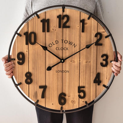 Large Old Town Farmhouse Wall Clock 24 Inch Rustic Antique Wood with Metal Circle and Large Numerals Silent Battery Operated Wall Clock for Office Kitchen Bedroom Living Room
