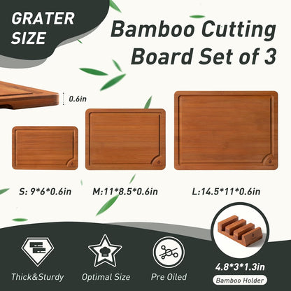 3 Packs Bamboo Cutting Board Set with Non Slip Feet Holder and Over Sink Nice Solid Thick Wood Juice Groove Chopping Board Extra Large Big Small Best Hardwood Kitchen Organic Vegetable Meat BBQ Kit