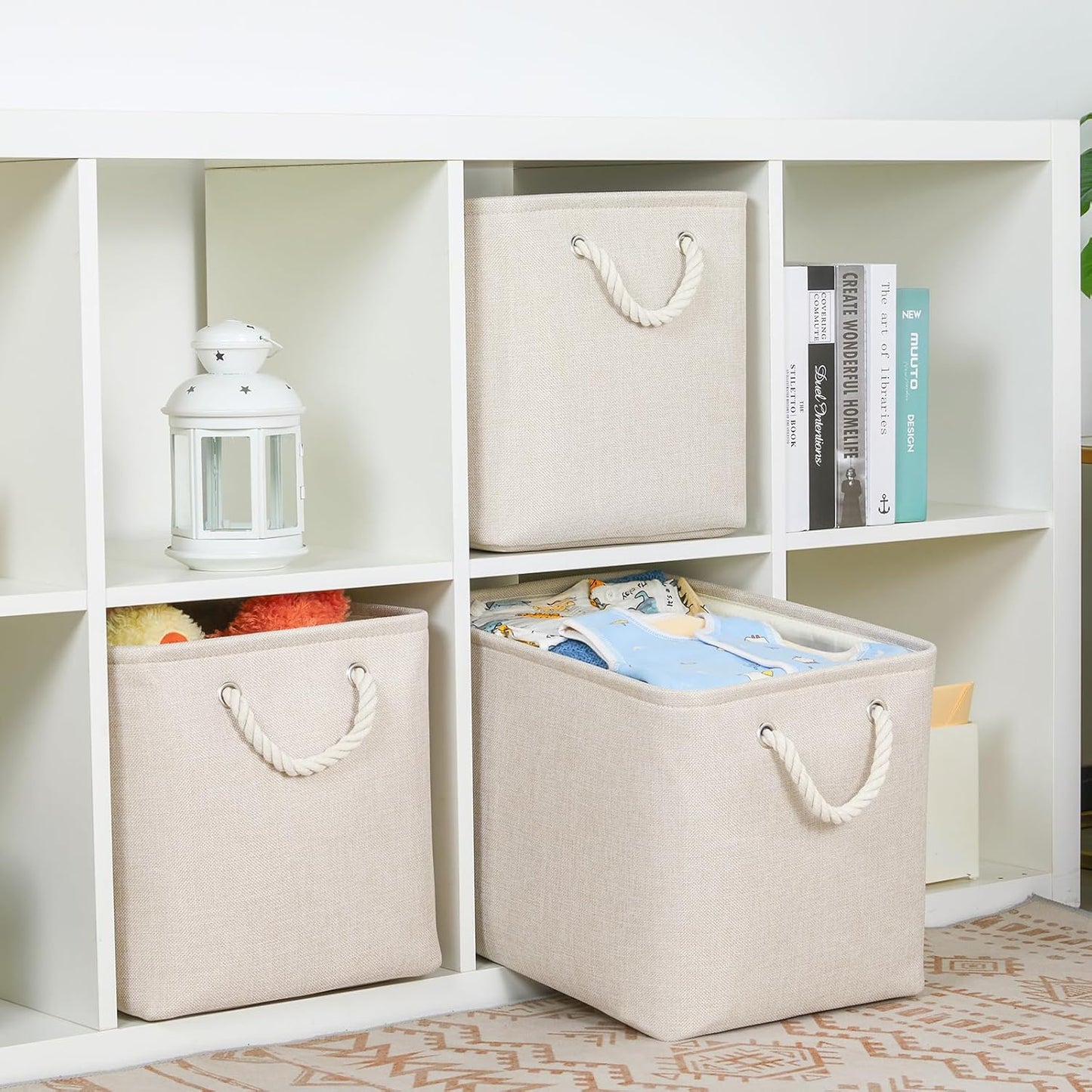 Bidtakay Large Storage Baskets for Shelves 3 Pack Fabric Storage Bins for Organizing Linen Collapsible Organizer for Closet-Light Biege