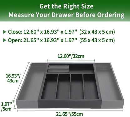 VaeFae Premium Bamboo Silverware Drawer Organizer Kitchen, Expandable Utensil Organizer with Knife Block, Cultery Tray with Divider for Flatware (Black)