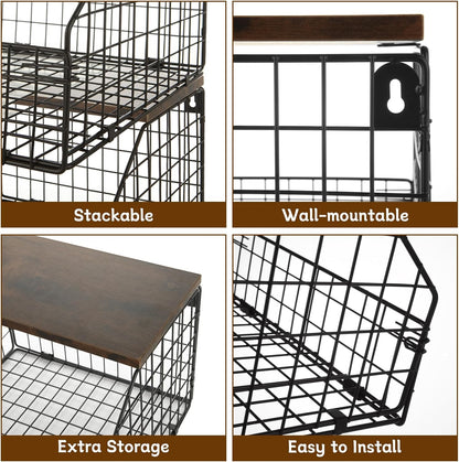 CYEAH 2 Pcs Stackable Fruit Basket for Kitchen, Hanging Wall Fruit Basket with Wood Lid, Space Saving Wall Mounted Mesh Metal Wire Baskets, Kitchen Counter Organizer for Snack, Onion, Potato Storage