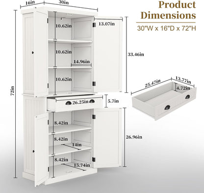 ARTPOWER 72" Tall Kitchen Pantry Storage Cabinet with Drawer and Adjustable Shelves, Pantry Cabinet for Kitchen, Bathroom or Hallway, White