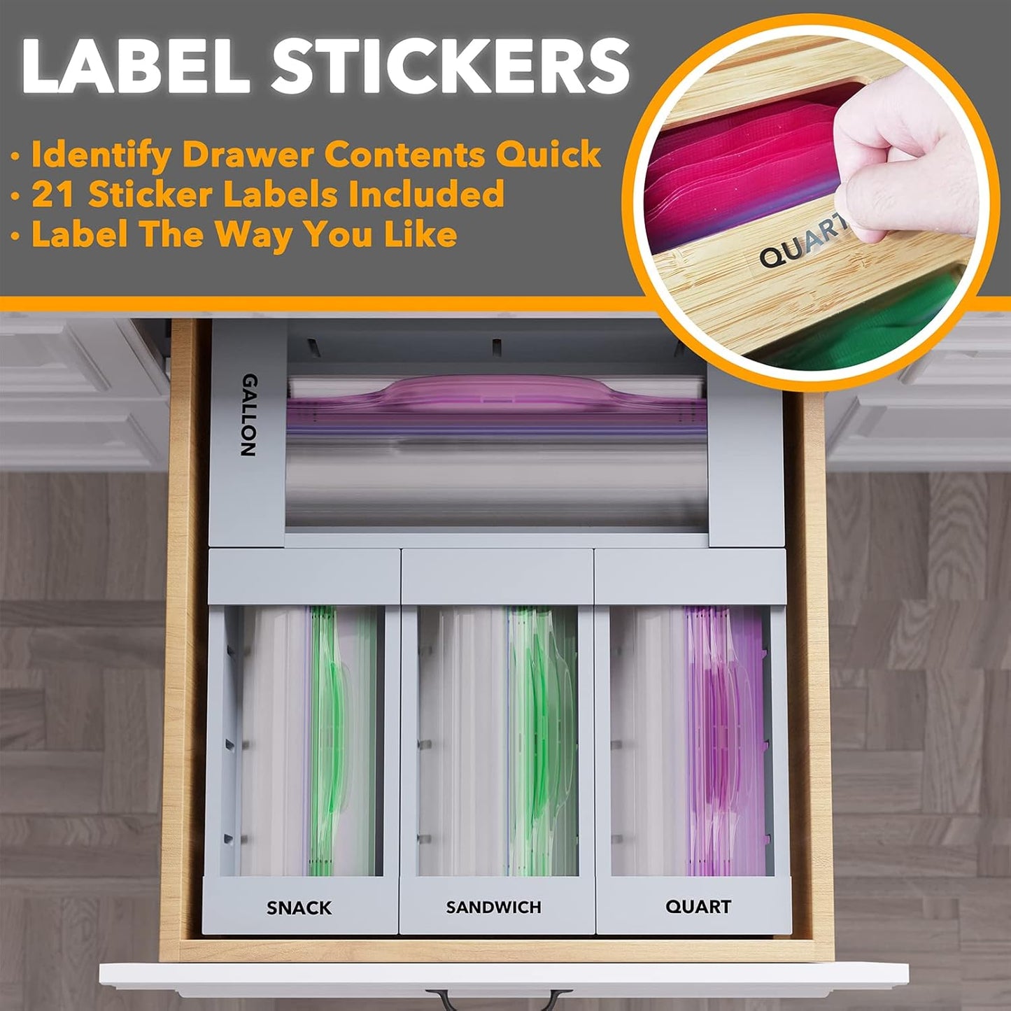 SpaceAid Bag Storage Organizer for Kitchen Drawer, Bamboo Organizer, Compatible with Gallon, Quart, Sandwich and Snack Variety Size Bag (4 Pack), Gray