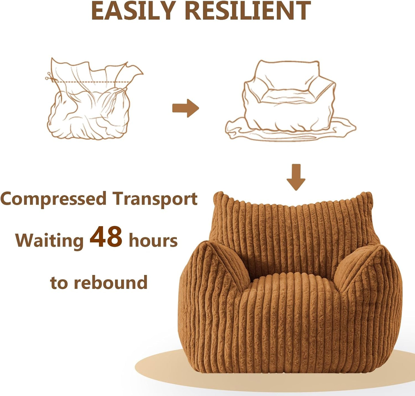 Giant Bean Bag Chairs for Adults Teens, Large Bean Bag Sofa Chairs with Filling Comfy Fuzzy BeanBag Chair with Armrests for Bedroom Living Room Reading (Brown, Large)