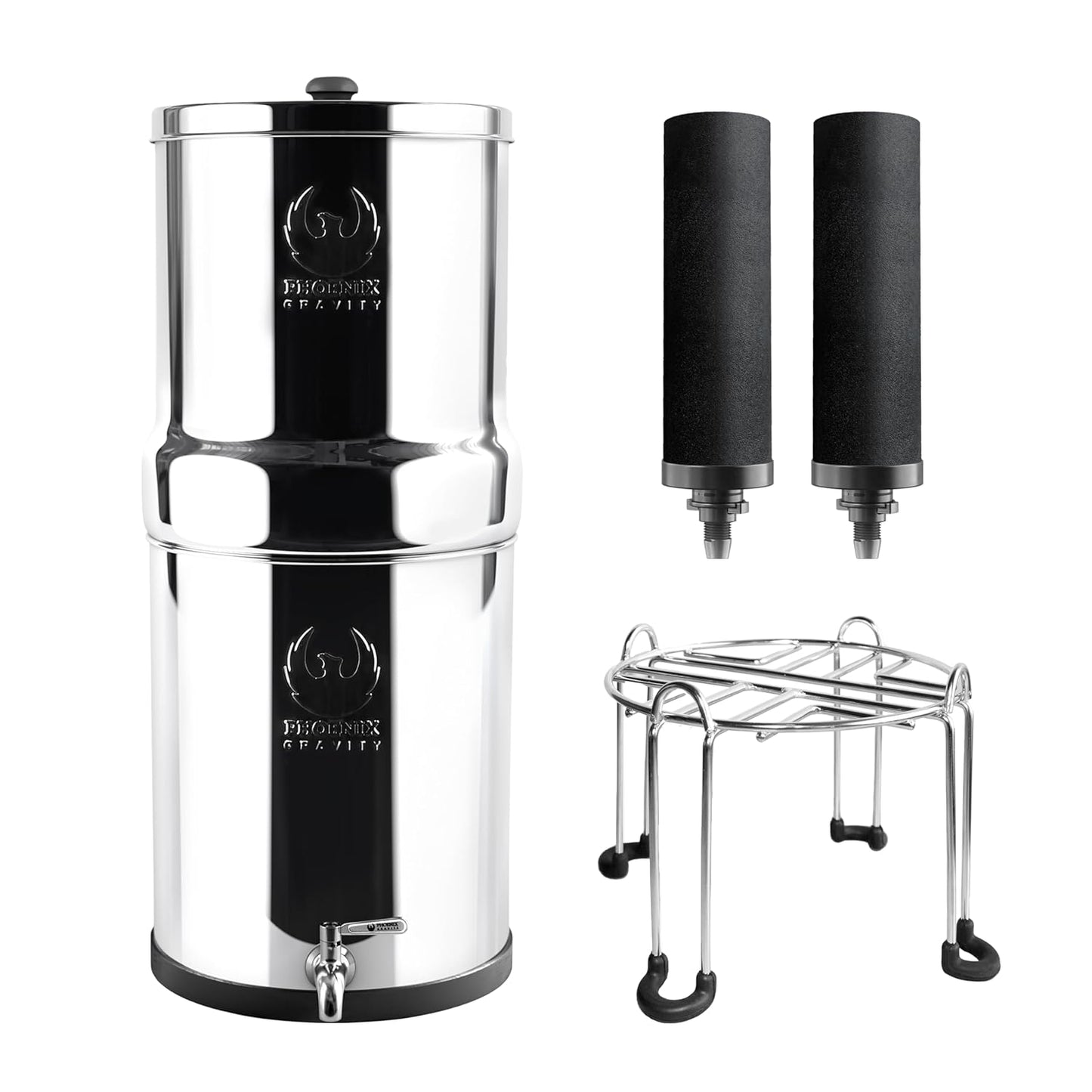 Gravity Water Filter System - 1.5 Gallons NSF Certified AISI 304 Stainless Steel Water Filter with 2 Smart (Black) Carbon Filter Elements & Free Stainless Steel Stand and Spigot (1.5G)