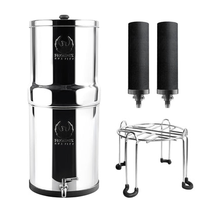 Gravity Water Filter System - 1.5 Gallons NSF Certified AISI 304 Stainless Steel Water Filter with 2 Smart (Black) Carbon Filter Elements & Free Stainless Steel Stand and Spigot (1.5G)