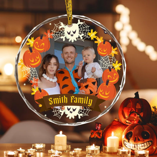 Custom Crystal Ornament, Personalized Halloween Family Hanging Ornament, Halloween Spooky Glass Hanging Decor, Spooky Pendent, Ghost and Pumpkin Hanging Gifts for Mom/Dad