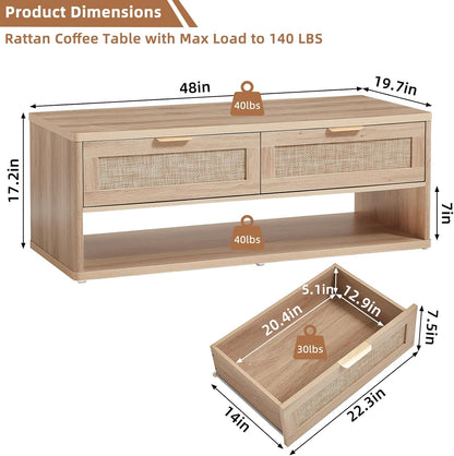 LEYAOYAO 48" Farmhouse Boho Rattan Coffee Table with 2 Woven Drawers,Rectangular Coffee Tables with Hidden Storage Compartment,Curved Profile Design,Wooden Center Table for Living Room,Natual Wood