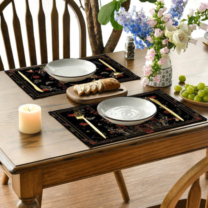 Artoid Mode Black Poppy Moth Moon Placemats Set of 4, 12x18 Inch Floral Spring Table Mats for Outdoor Home Party Kitchen Dining Decor