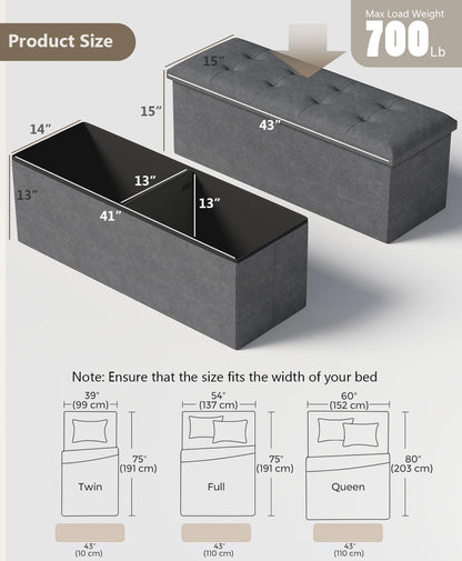 Storage Ottoman Bench, Folding Ottoman Foot Rest, 15 x 43 x 15 Inches, End of Bed Bench, Storage Chest, for Living Room, Bedroom, Hallway, Entryway, Holds up to 700 lb,Dark Gray