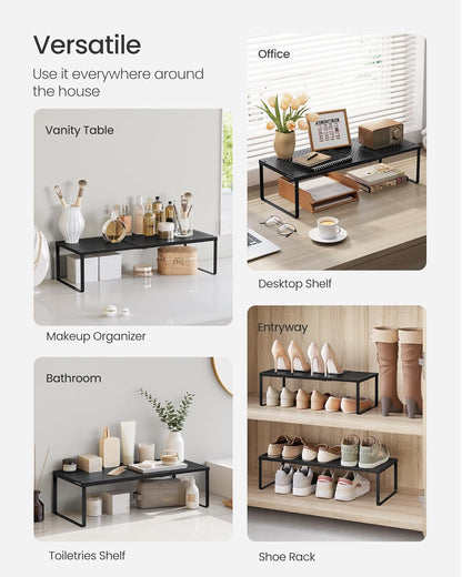 SONGMICS Spice Rack, Expandable Kitchen Countertop Shelf, Small Cupboard Organizer, Metal, Space-Saving Tabletop Shelf, Matte Black UKCS007B01