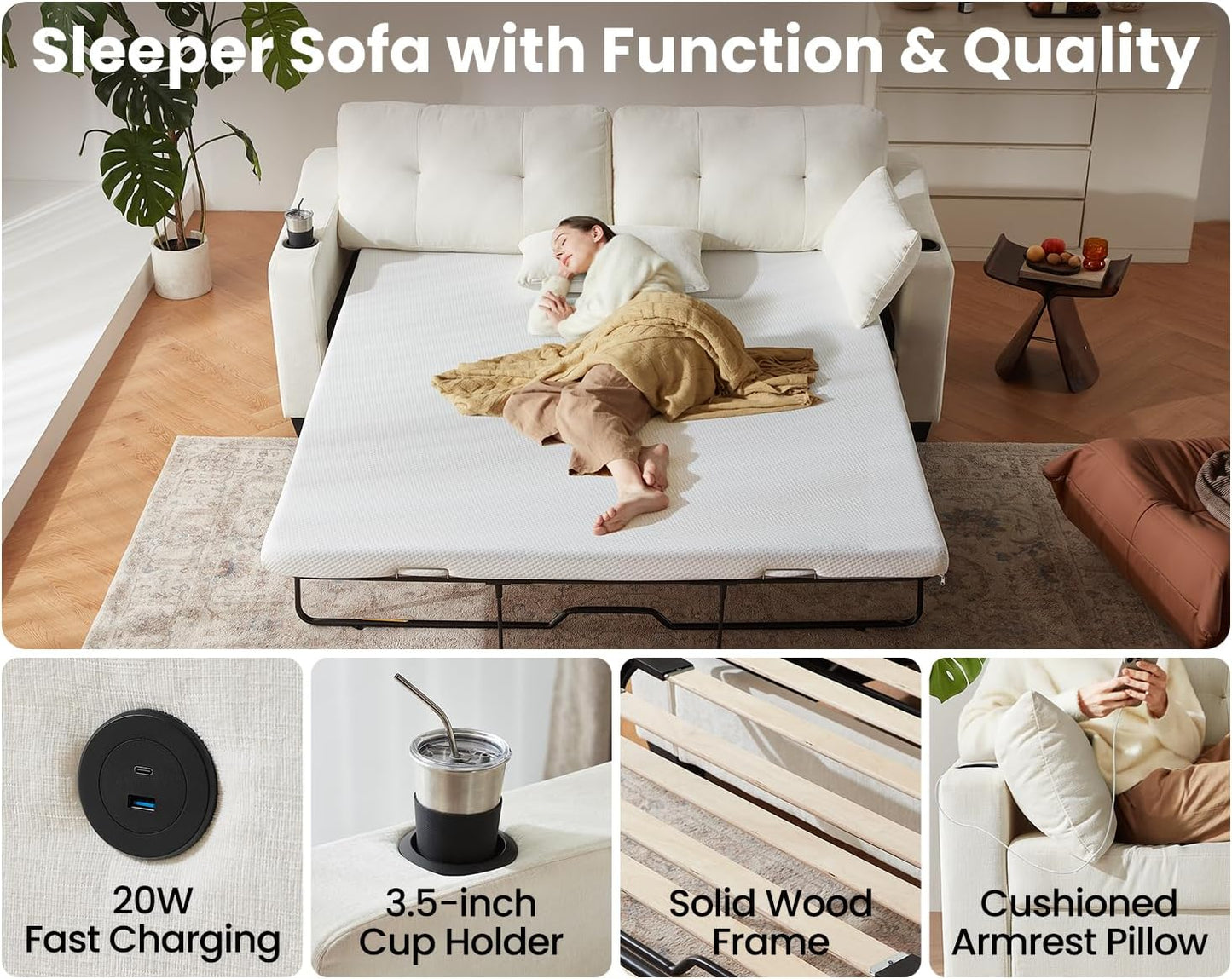 CHIC HOUSE Pull Out Sofa Bed, Full Size Sleeper Sofa, 2-in-1 Convertible Chenille Couch with USB Charging, Memory Form Corduroy Couch for Living Room, Apartment & Small Space (Beige, Chenille - Queen)