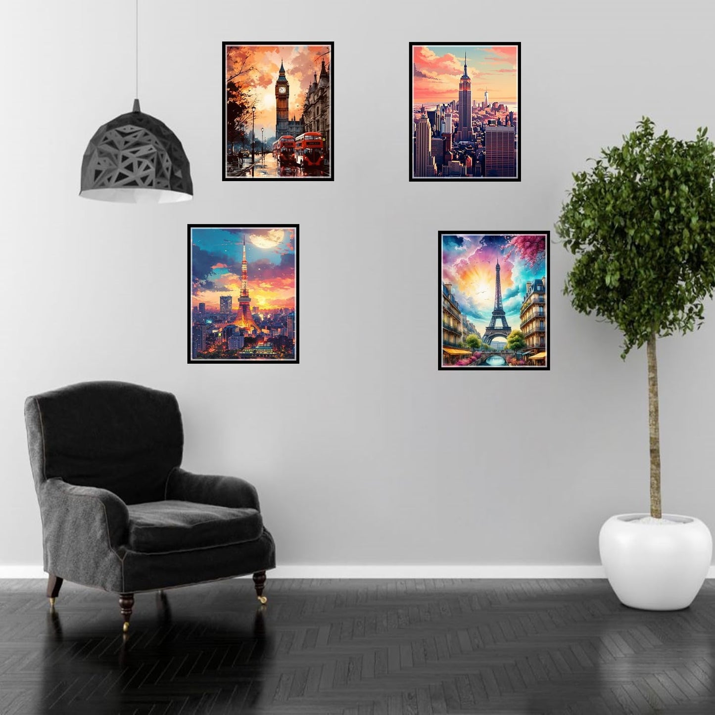 Boho Wall Art Decor,New York, London, Tokyo, Paris, Eiffel Tower,City Wall Decor Art,Modern Landscape Wall Art for Living Room Bedroom Prints Poster,8x10 Inch Set of 4,Framed