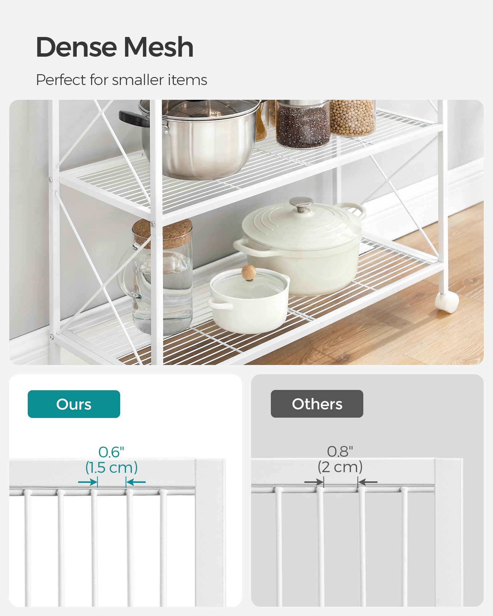 SONGMICS 3-Tier Metal Storage Rack with Wheels, Mesh Shelving Unit with X Side Frames, 31.5-Inch