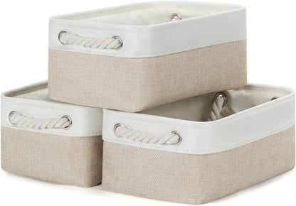 Bidtakay Small Baskets Fabric Storage Baskets for Organizing 3-Pack 12x8x5 Inch Collapsible Storage Bins for Shelves Canvas Bins for Closet Organization Baskets Storage Linen Closet S-White&Beige