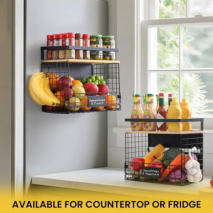 [WIDER Shelf]1 SET Strong Magnetic Shelf Basket for Fridge with Tag & Bamboo Top, XXL Large Magnetic Spice Rack Shelves for Side of Refrigerator, Kitchen Pantry Storage Organizer for Food Fruit Veg