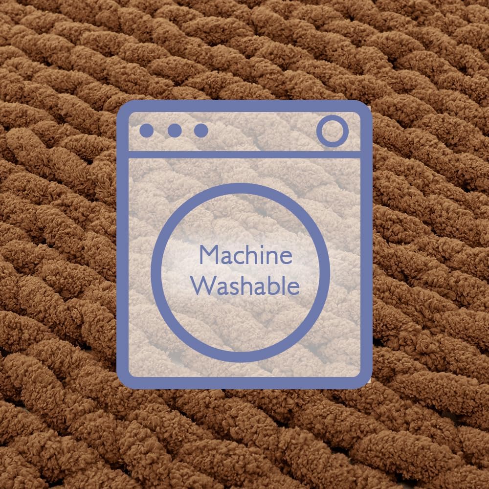 Bigacogo Chunky Knit Throw Blanket for Couch, 40x60 inches, 100% Hand Knitted with Thick Jumbo Chenille Yarn, Cozy Soft Large Rope Knot Cable Crochet Blankets for Sofa Bed Living Room, Caramel