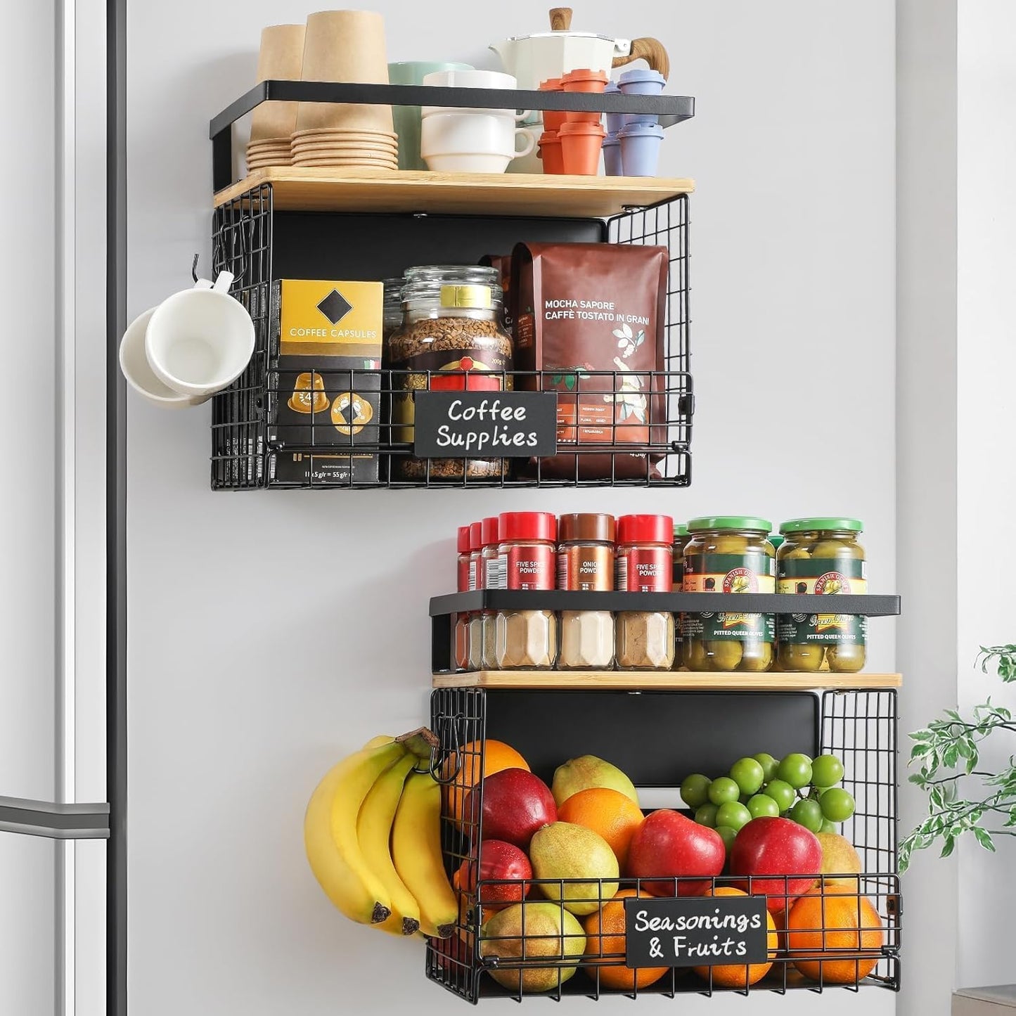 [WIDER Shelf]2 SET Strong Magnetic Shelf Basket for Fridge with Tag & Bamboo Top, XXL Large Magnetic Spice Rack Shelves for Side of Refrigerator, Kitchen Pantry Storage Organizer for Food Fruit Veg