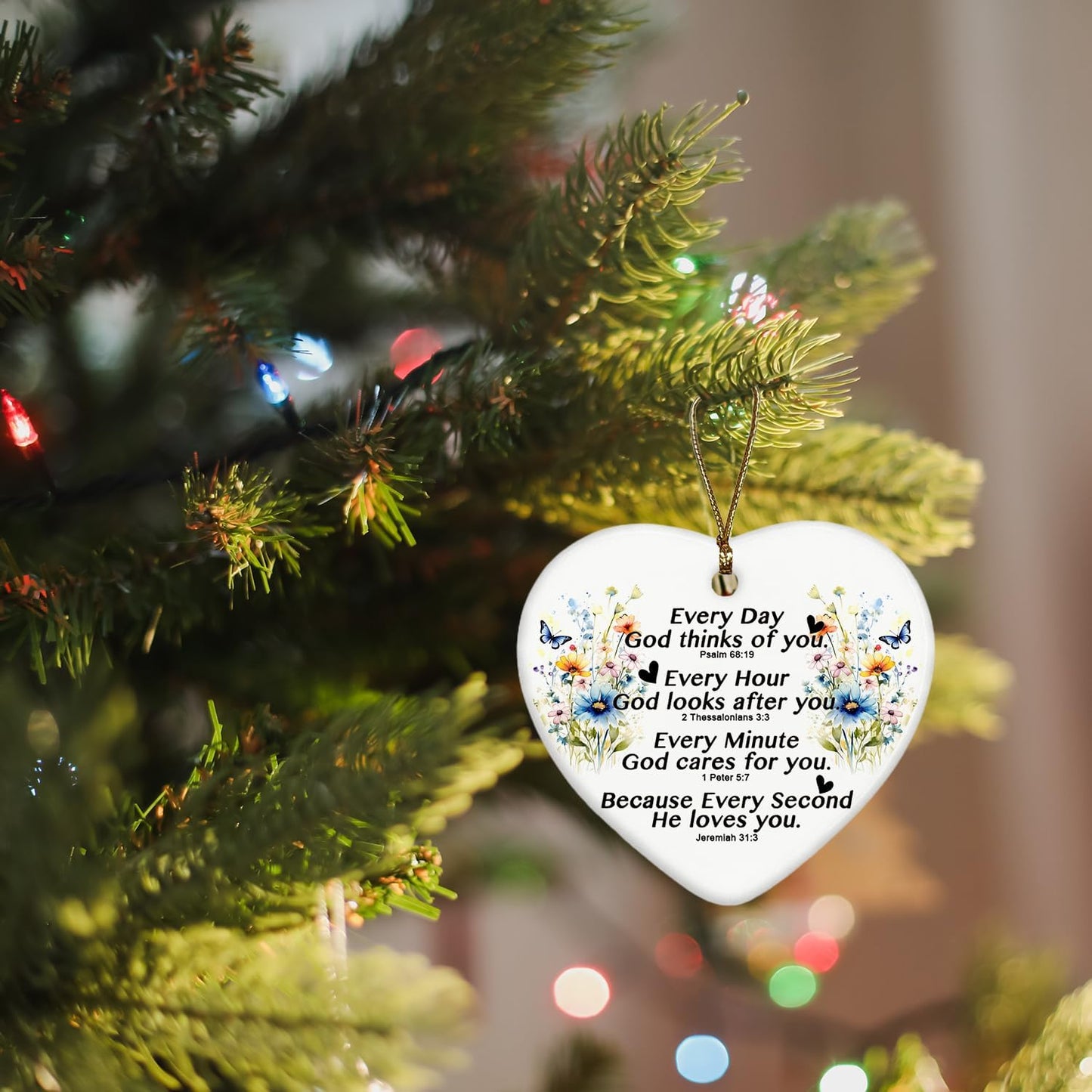 Inspirational Christian Gifts for Women Girls, Bible Verses Floral Ceramic Christmas Ornament Keepsake Sign Heart Plaque, Religious Gifts