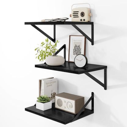 Heimlove Deep Floating Shelves for Wall, 12 Inch Deep Floating Shelves Set of 3, 16W x 12D Wood Wall Shelves, Wide Wood Shelves with Metal Bracket for Living Room, Kitchen, Office, Bedroom - Black