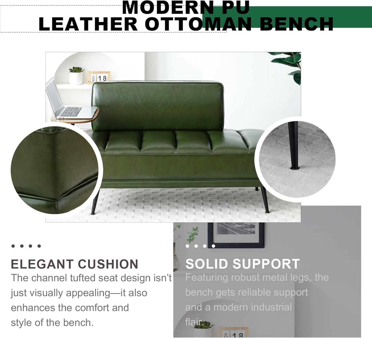 Sofa,Bed Bench,Small Spaces Furniture,Polyurethane Leather,Wood Frame,High Density Sponge Infillings,360-Degree Swivel Tray,Black Metal Leg (Green)