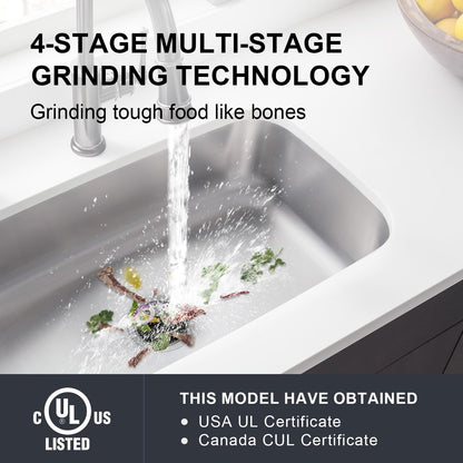 Garbage Disposal 3/4 HP Ultra Quiet powerful grinding Kitchen Food Waste Disposer with Power Cord Easy install, AC Motor Unit Continuous Feed Stainless Steel Grind 0.75 Horsepower (MAX-5)