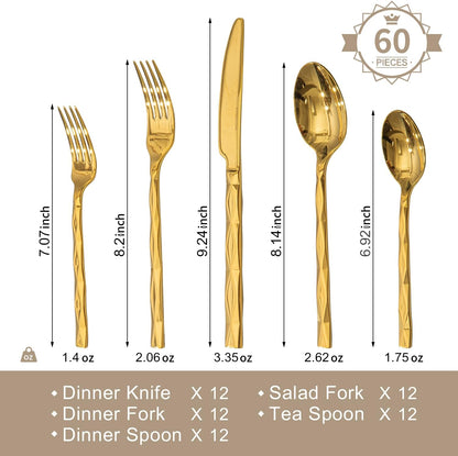 KINGSTONE Gold Silverware Set, Luxury 60 Piece Flatware Set for 12, 18/10 Stainless Steel Cutlery Set with Diamond Cut Pattern for Kitchen, Home, Wedding, Party, Mirror Polished and Dishwasher Safe