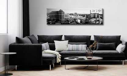 Las Vegas Skyline Wall Art for Living Room American Cityscape Canvas Prints Black and White City Bellagio Fountain Skyscraper Night View Panoramic Pictures Modern Building Poster Framed 13.8"X47.3"