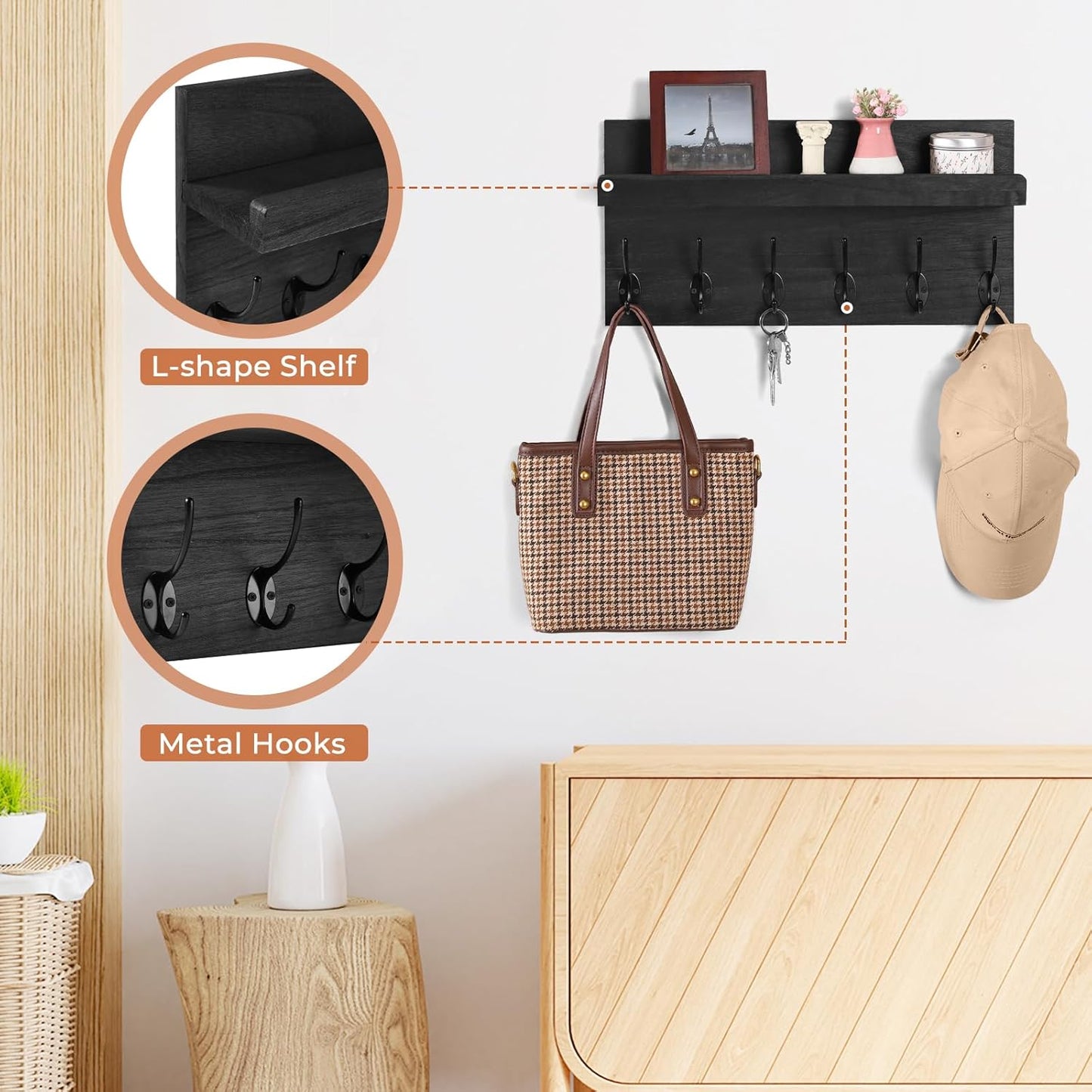 Shelf with Hooks, Coat Rack Wall Mount with 6 Double Metal Hooks, 17 Inch Farmhouse Wall Hooks with Shelf, for Entryway, Bathroom, Kitchen, Black